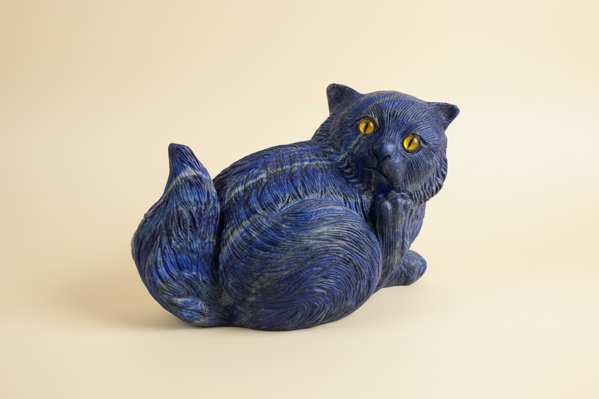 King Lapis blue lapis lazuli cat sculpture on a warm ivory background