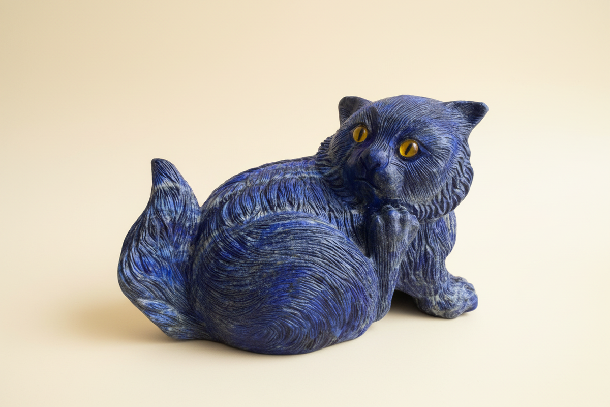 King Lapis blue lapis lazuli cat sculpture angled view on a warm ivory background