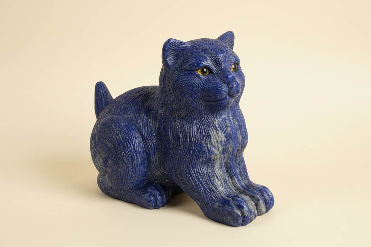 King Lapis blue lapis lazuli cat sculpture rear view on a warm ivory background